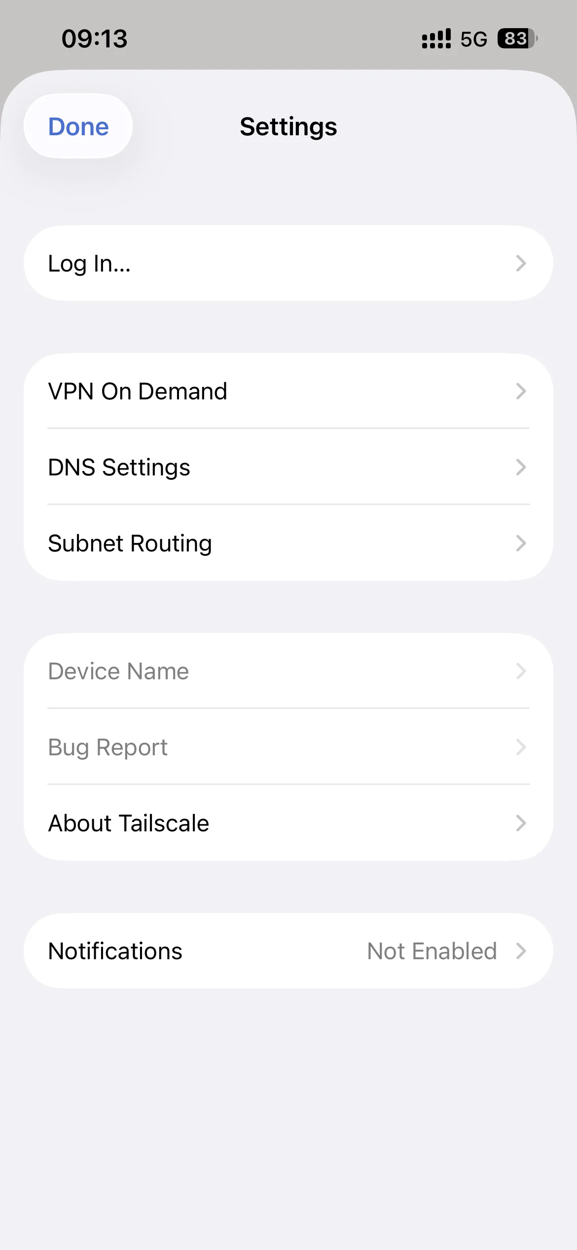 在 iOS Tailscale 设置页面点击 Log In
